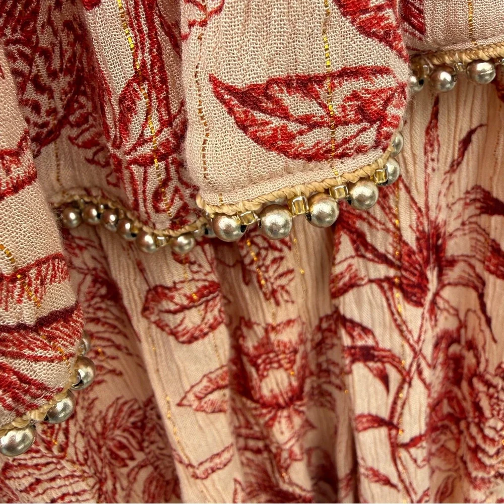 Boho Red & Tan Floral Ruffled Maxi Skirt Size Medium - Picture 7 of 7